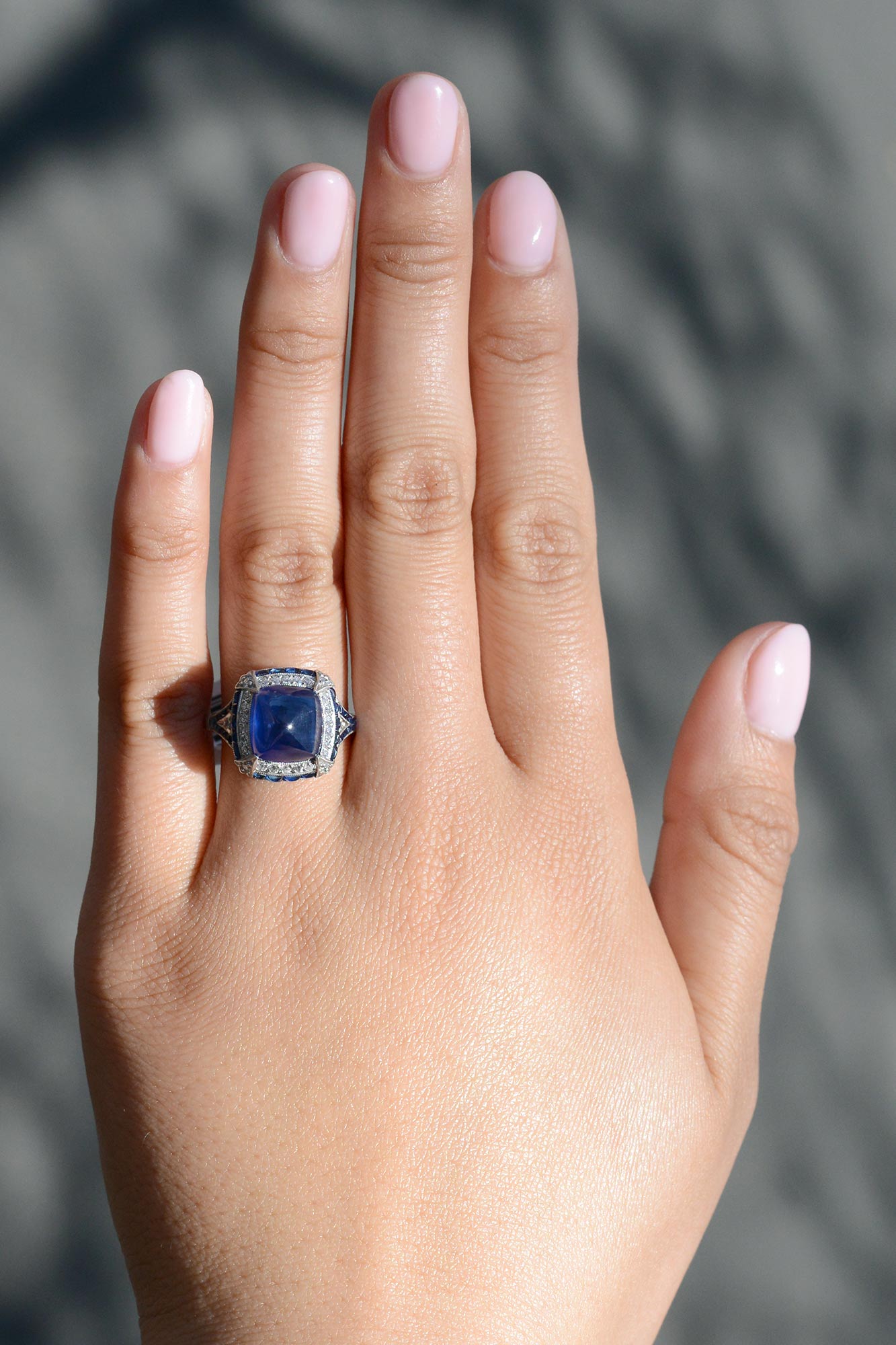 Art Deco Inspired 7 Carat Sugar Loaf Sapphire Diamond Ring