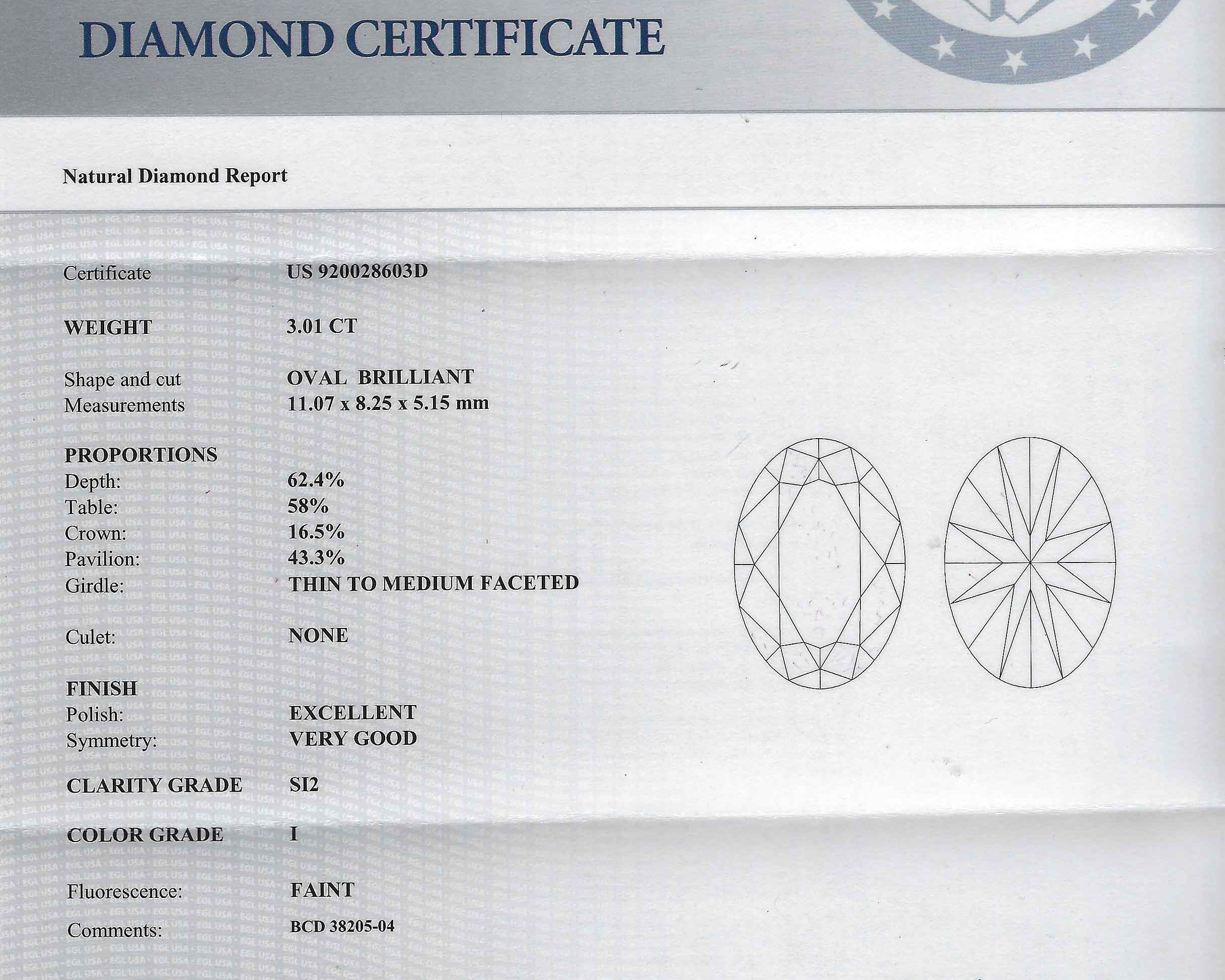 An EGL diamond certificate of the gem measuring just over 3 carats.