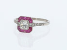 Geometric Art Deco Style Square Diamond Ruby Engagement Ring