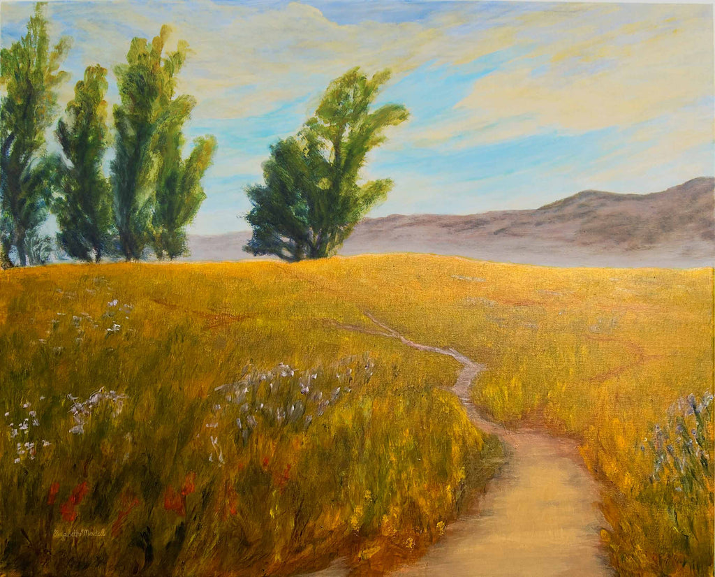 A painting of a golden field and path in Santa Barbara.