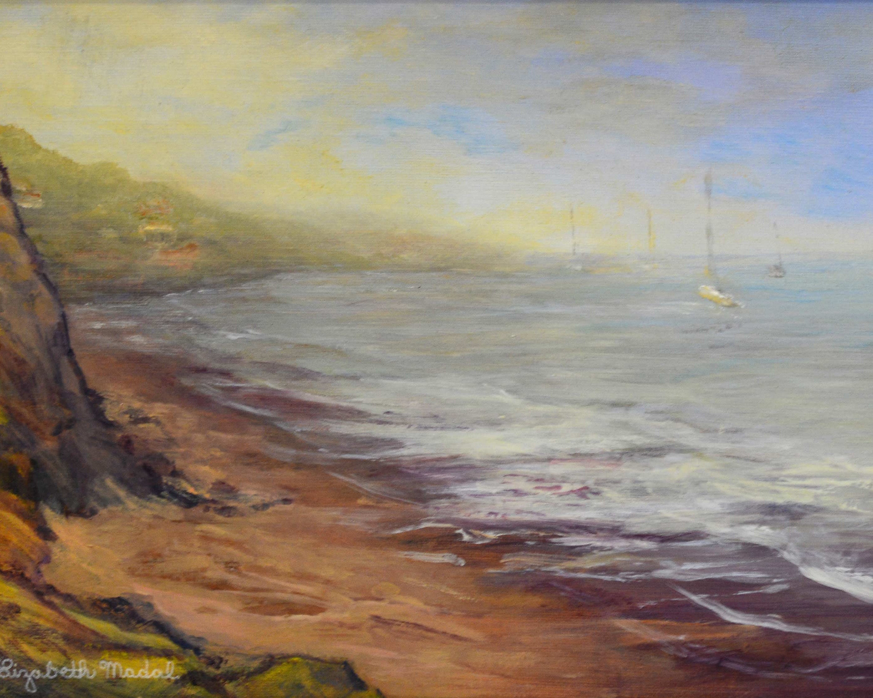 An oil painting of sandy shoreline with sailboats.