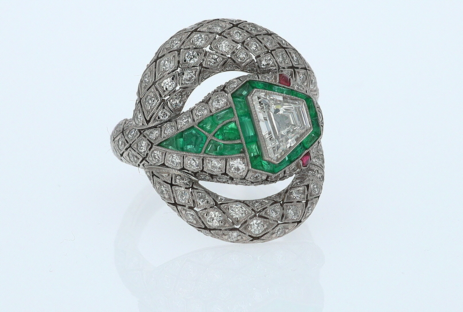 Art Deco 3 Carat Trillion Cut Diamond & Emerald Platinum Snake Ring