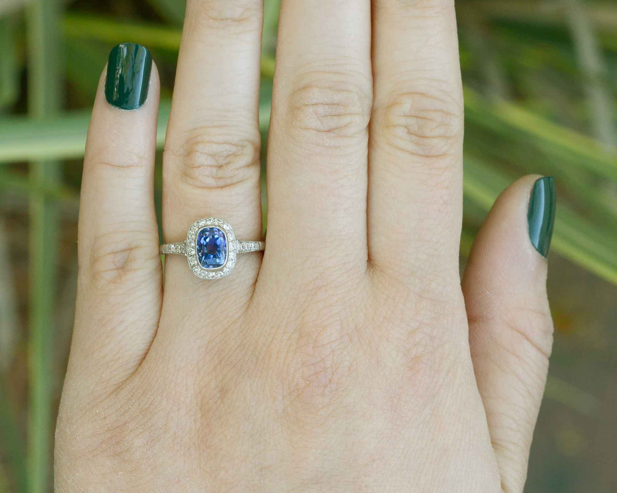 This three carat sapphire displays vivid cornflower blue color.