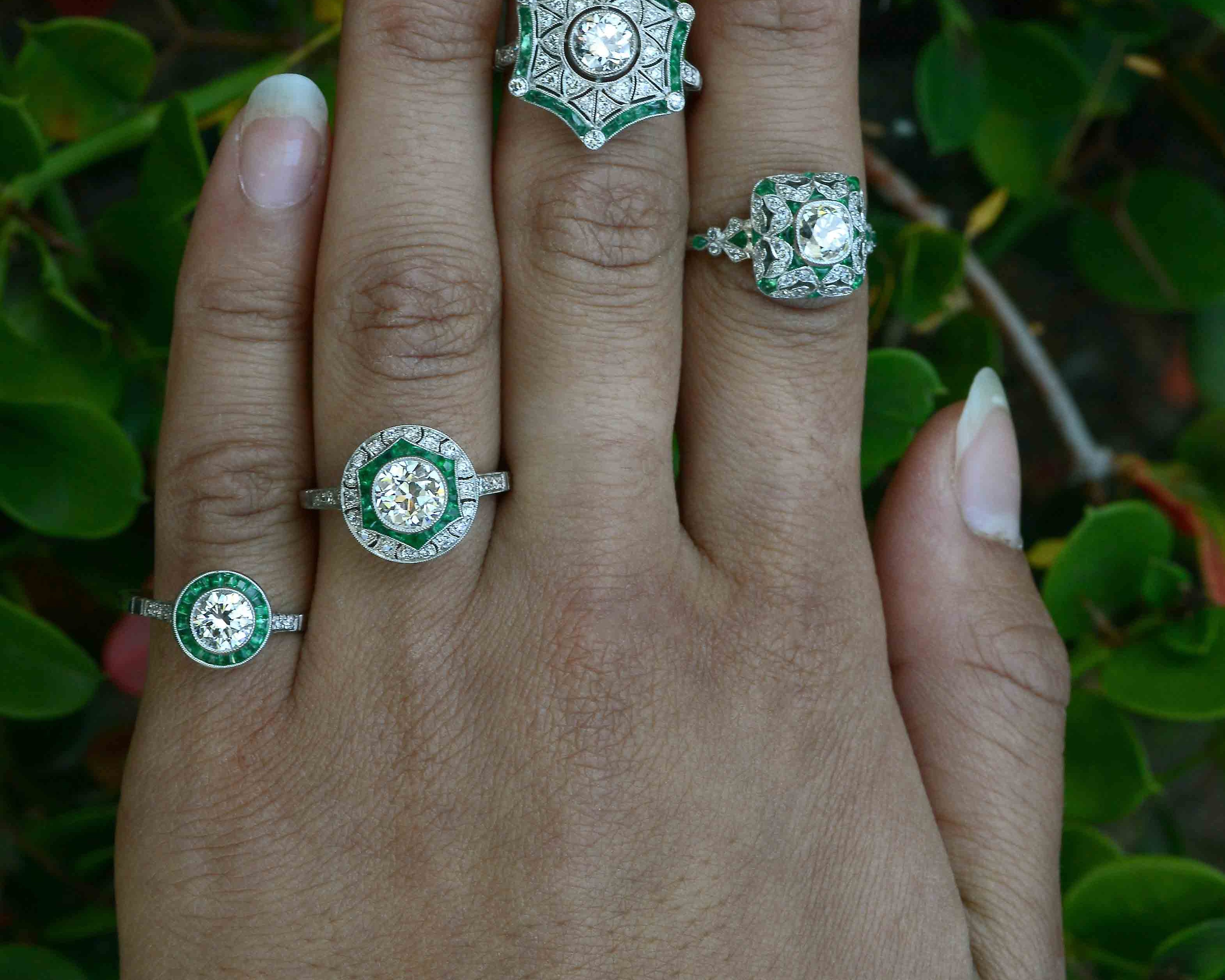 Diamond and emerald Art Deco wedding rings.