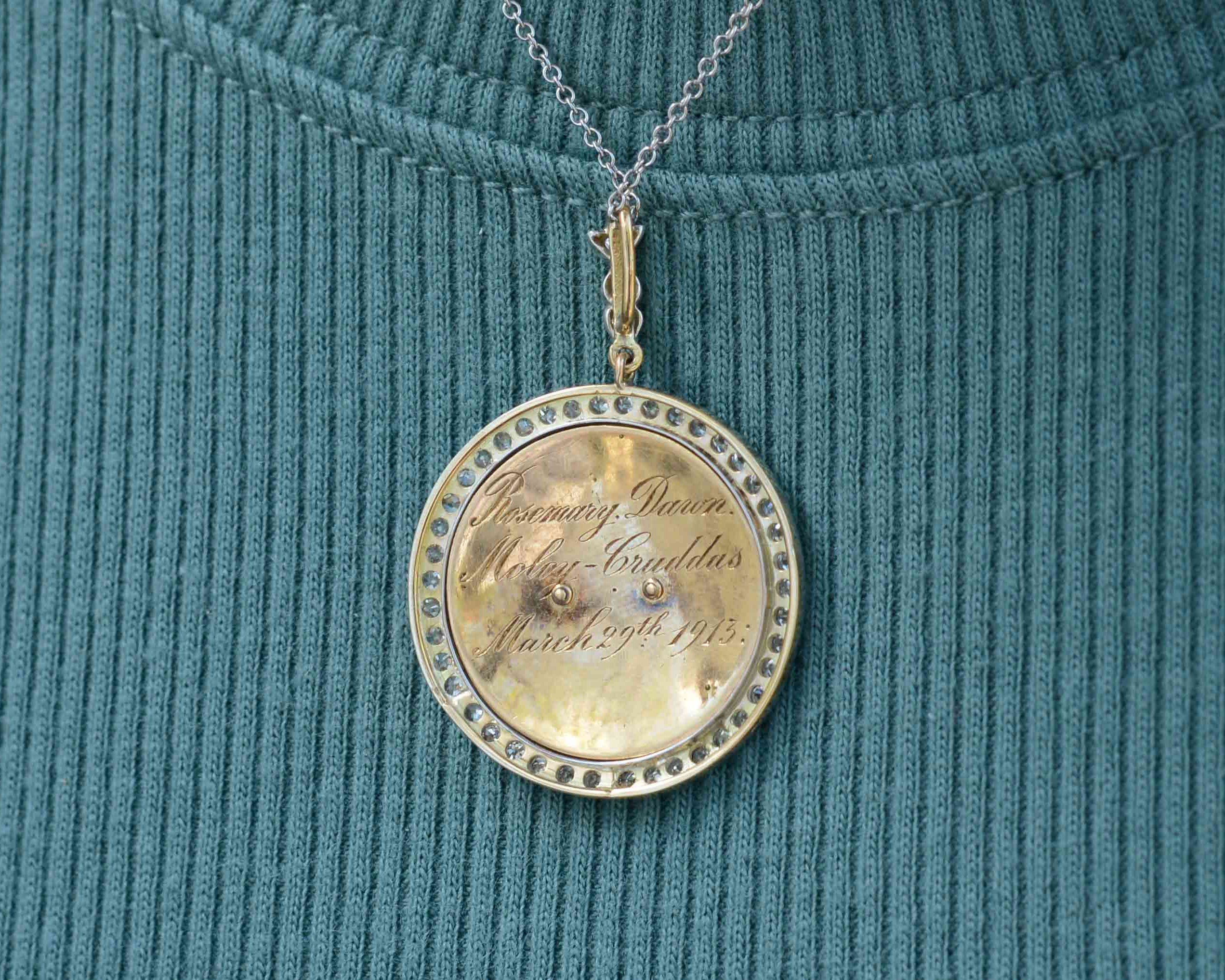Rich in history, this pendant is hand engraved en verso and dated March 29, 1913.