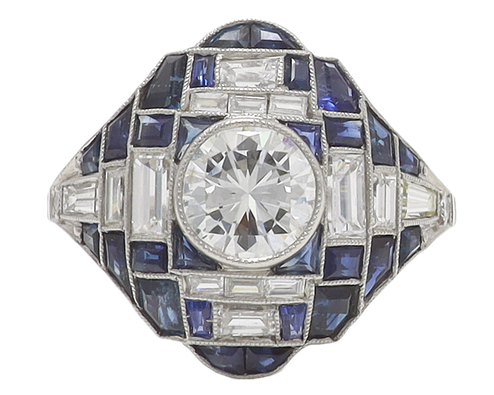 Art Deco Style Sapphire Diamond Dome Engagement Ring