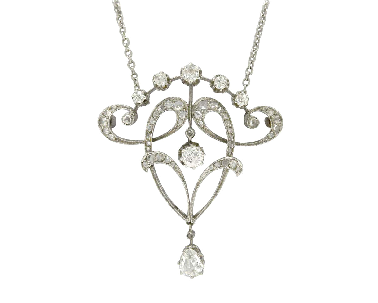 An Edwardian 1910 diamond filigree pendant necklace.
