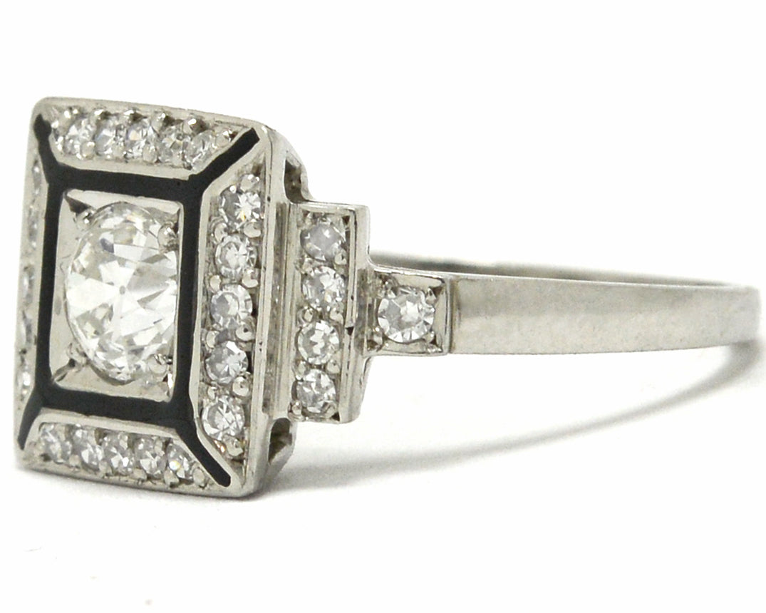 Chicago Art Deco Engagement Ring Old European Diamond Black Enamel Platinum
