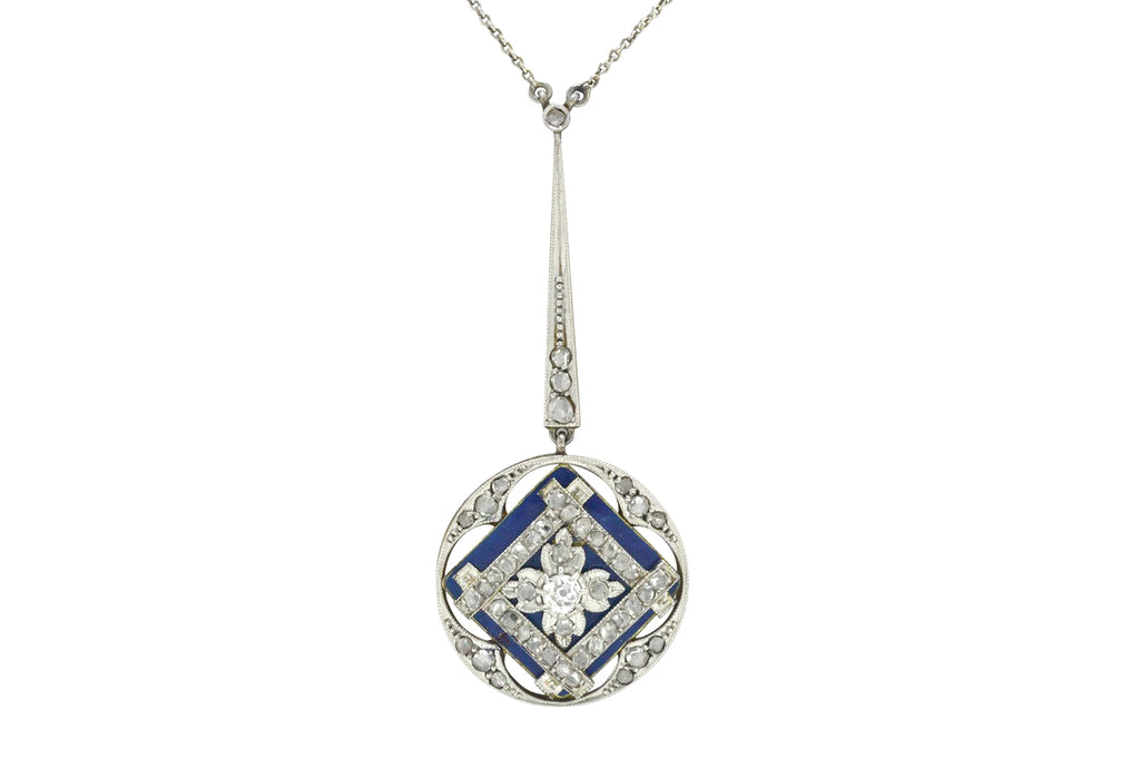 An early 1900s, antique diamonds and blue enamel drop necklace.