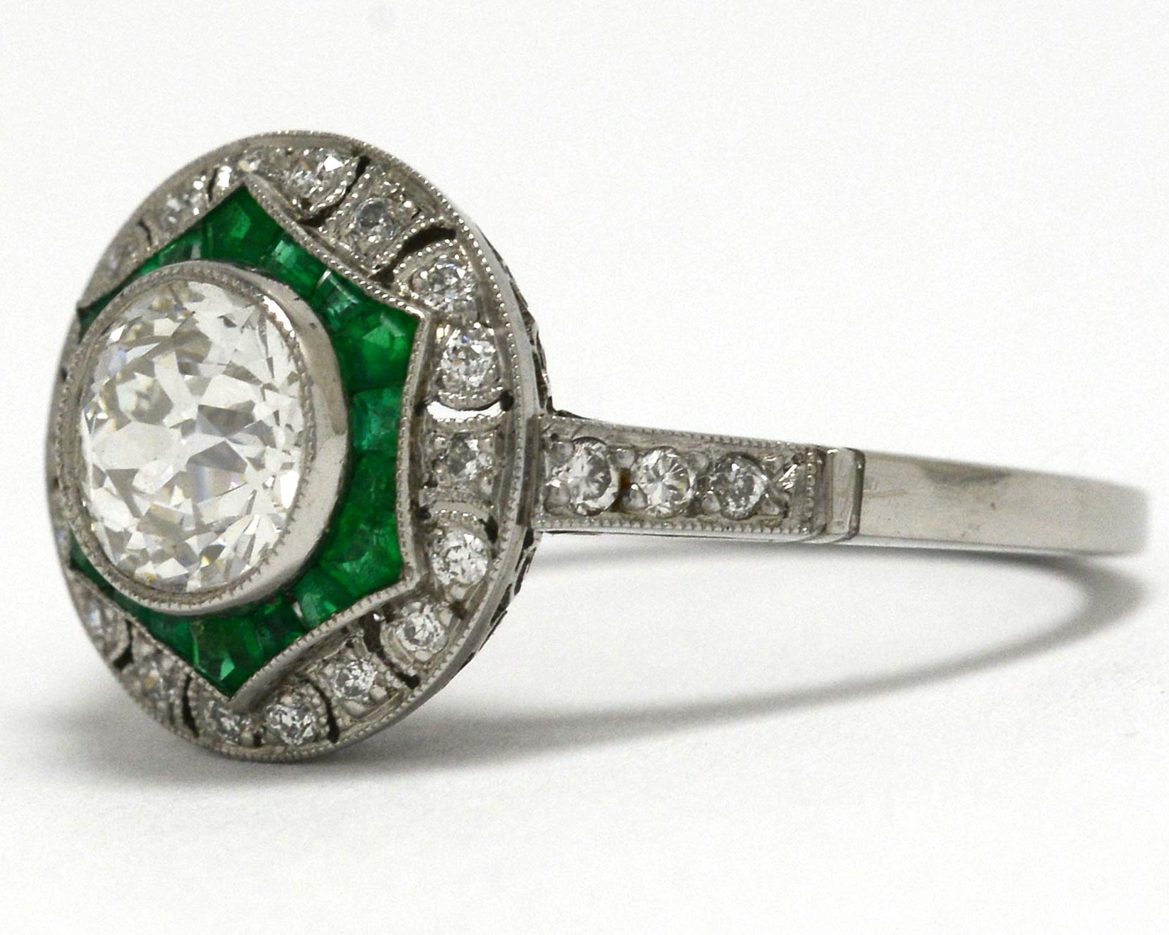 Austin Antique Diamond Emerald Engagement Ring Platinum Star Halo Art Deco