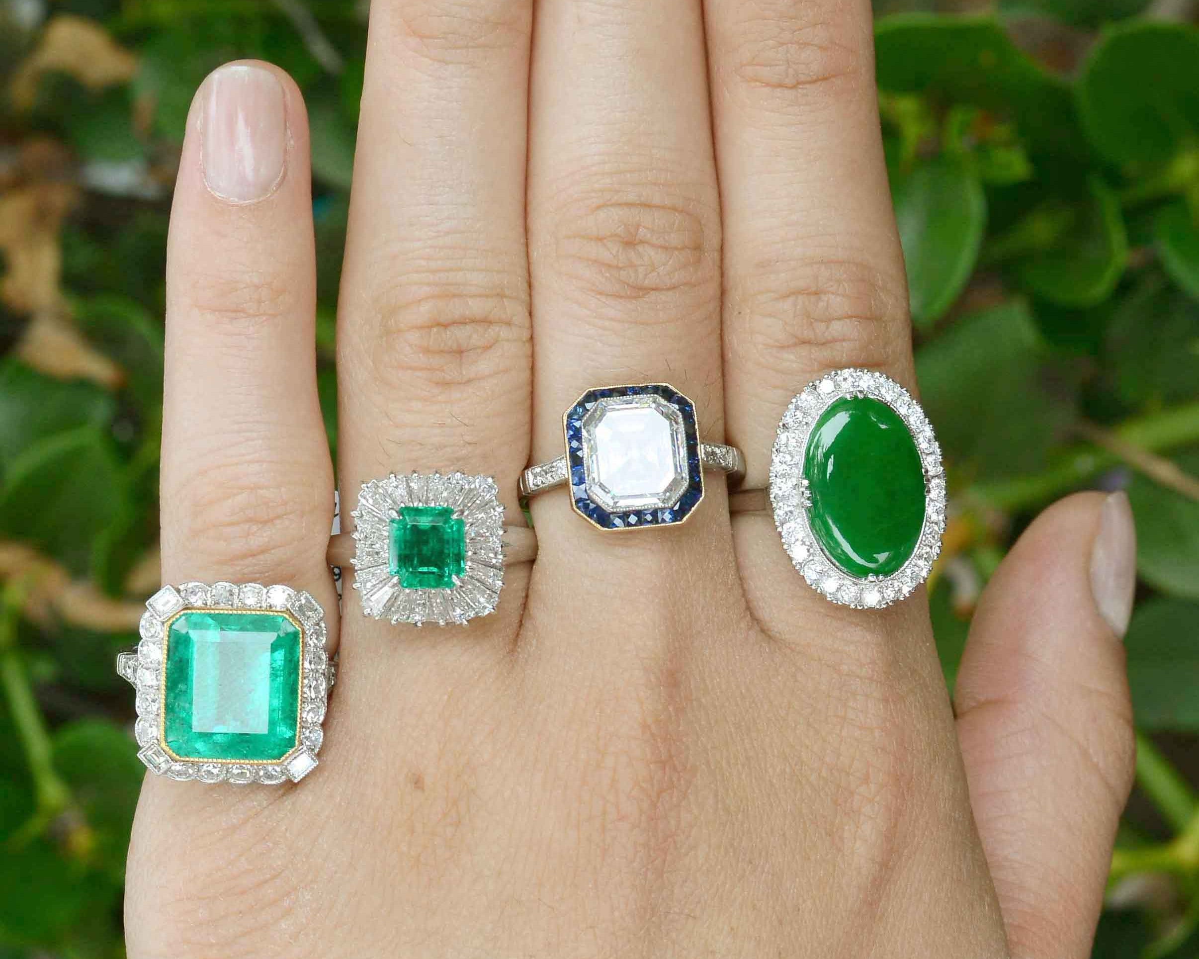 Square natural diamond and gemstone statement rings.