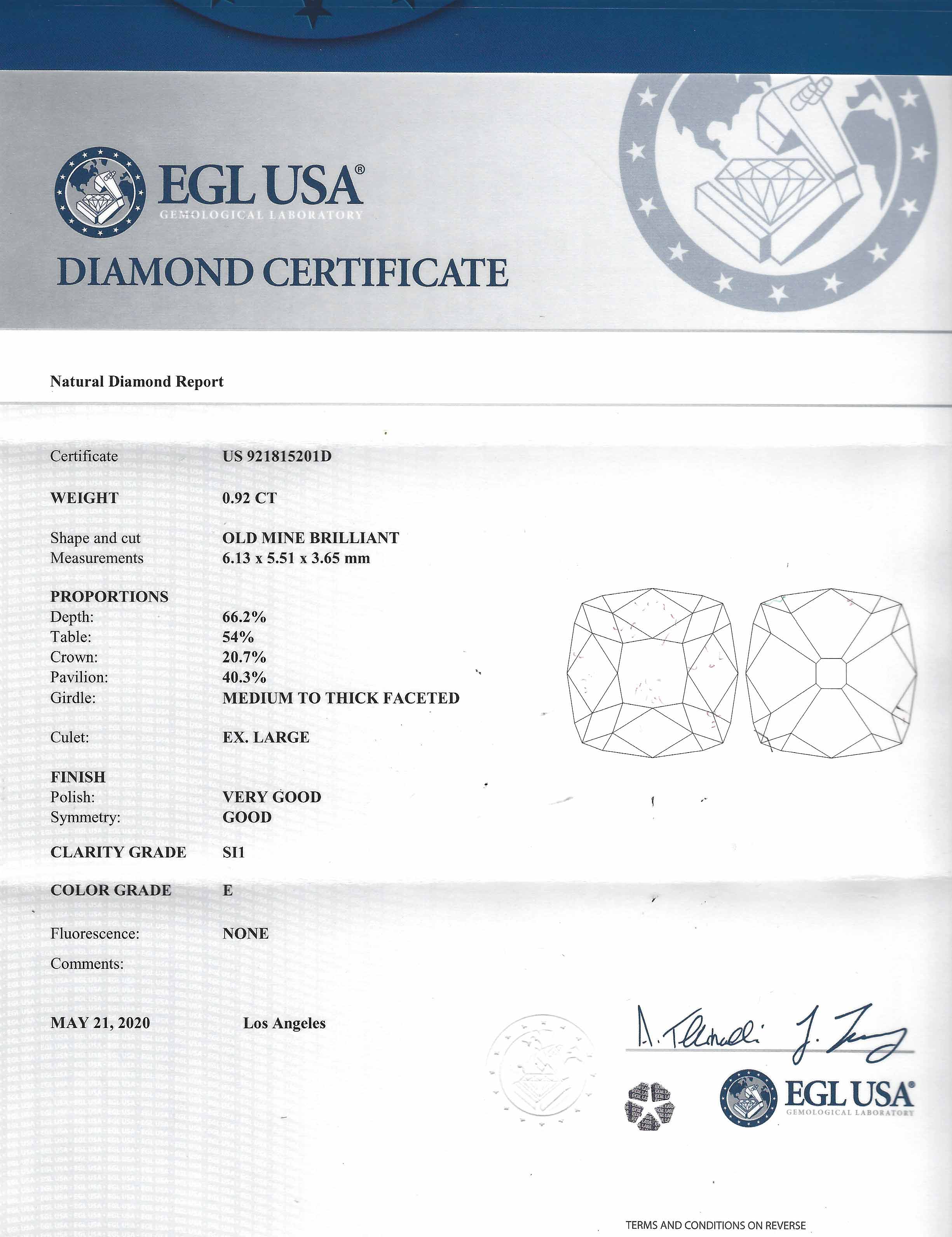 This old diamond measures size 0.92 carats, certified by EGL USA.