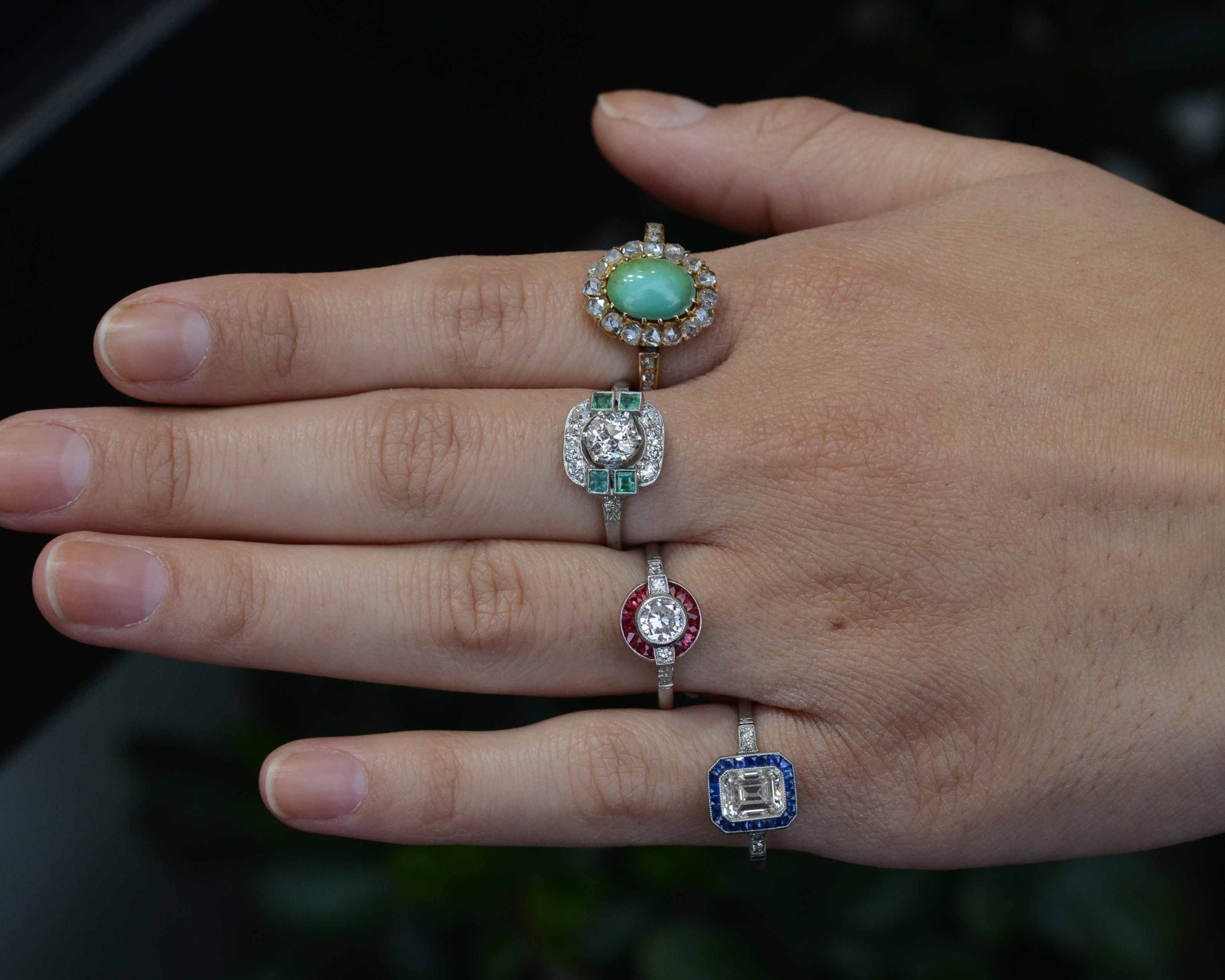 Diamond and gemstone halo engagement rings.