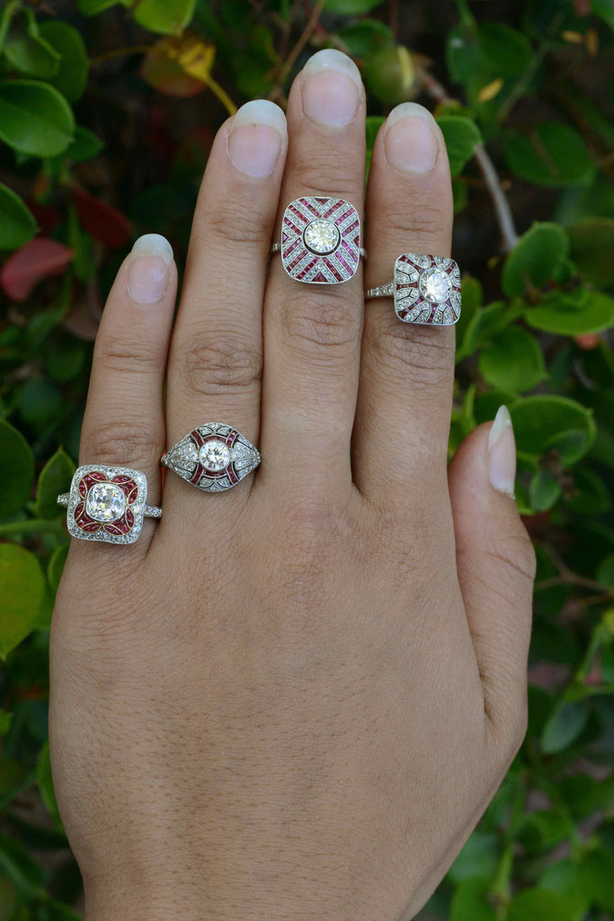 A collection of our diamond and ruby statement engagement rings.