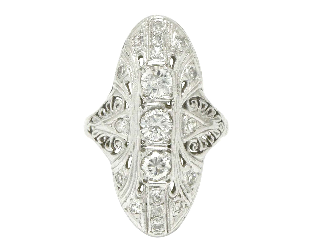 A navette shape ring with diamonds.