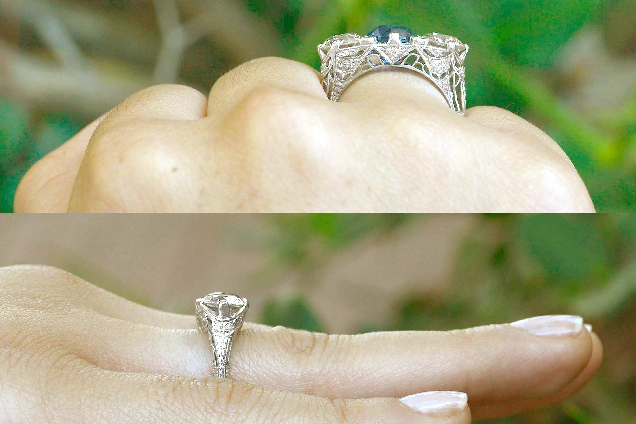Filigree sides round blue sapphire 2 diamnonds wedding ring.