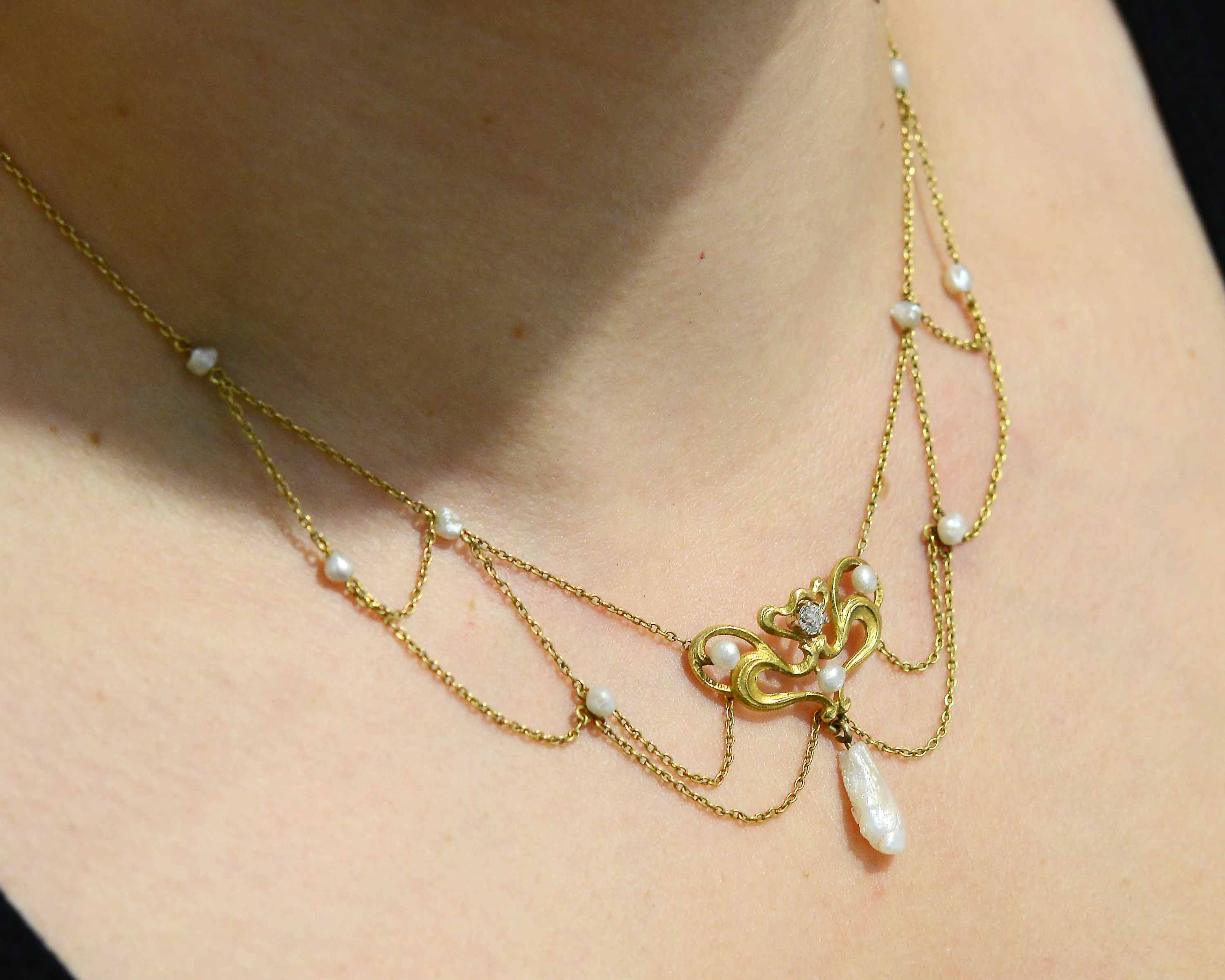 Art Nouveau Natural Pearl & Diamond Lavalier Necklace