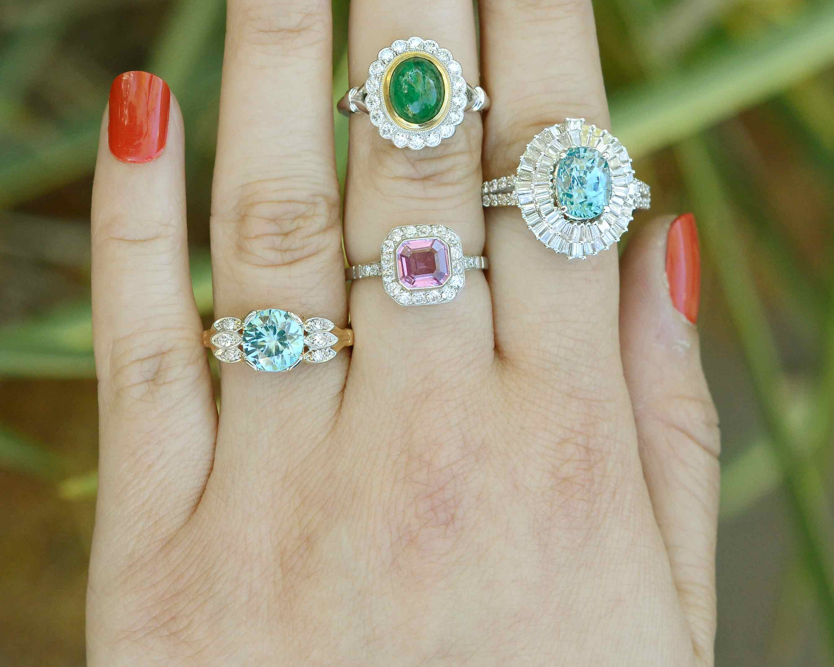 A few of our gemstone rings with the following gems; blue zircon, pink sapphire & emerald.