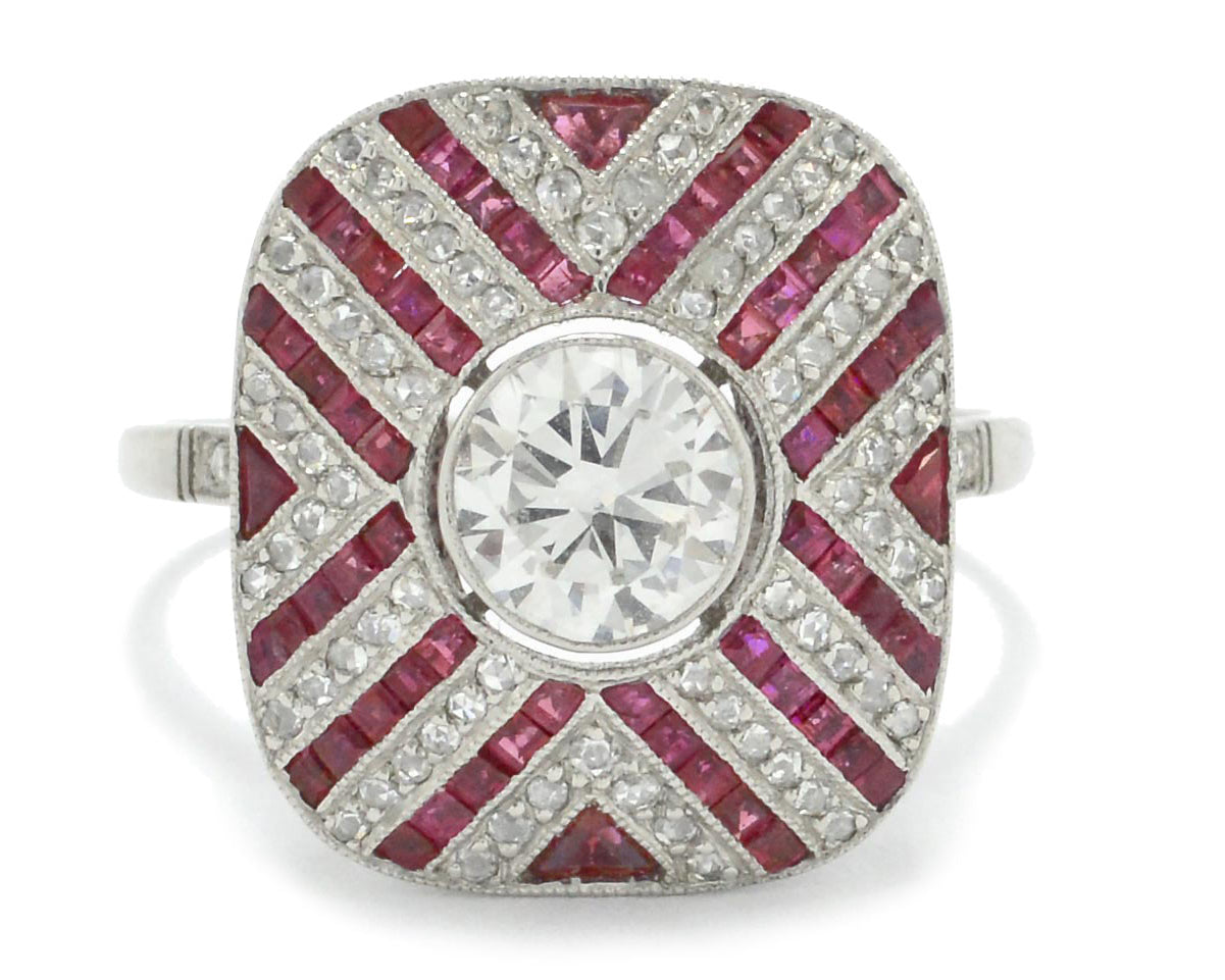 Art Deco diamonds rubies engagement ring.