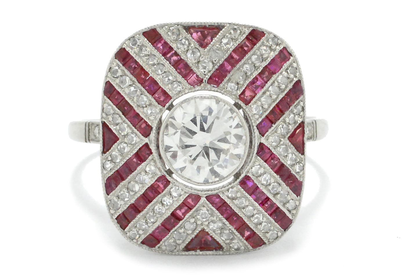 Art Deco diamonds rubies engagement ring.