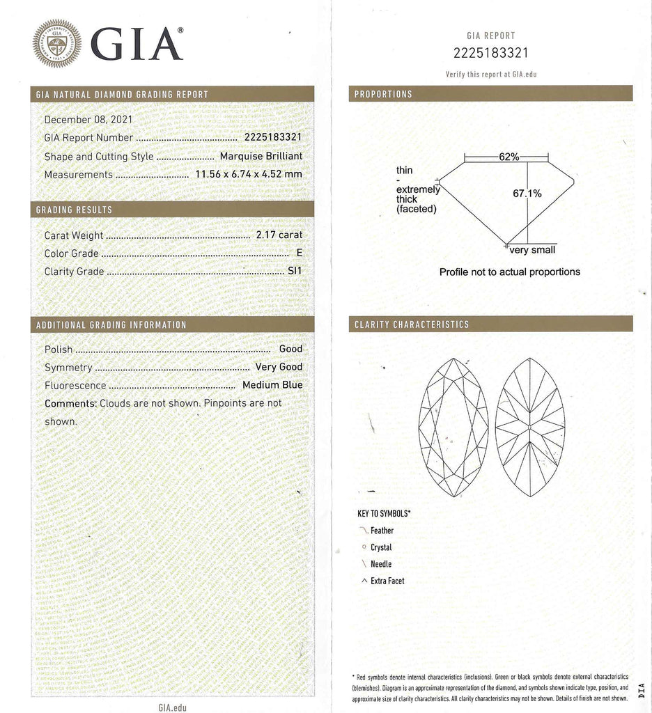 This gia graded 2.17 carat marquise diamond displays e color with si1 clarity.