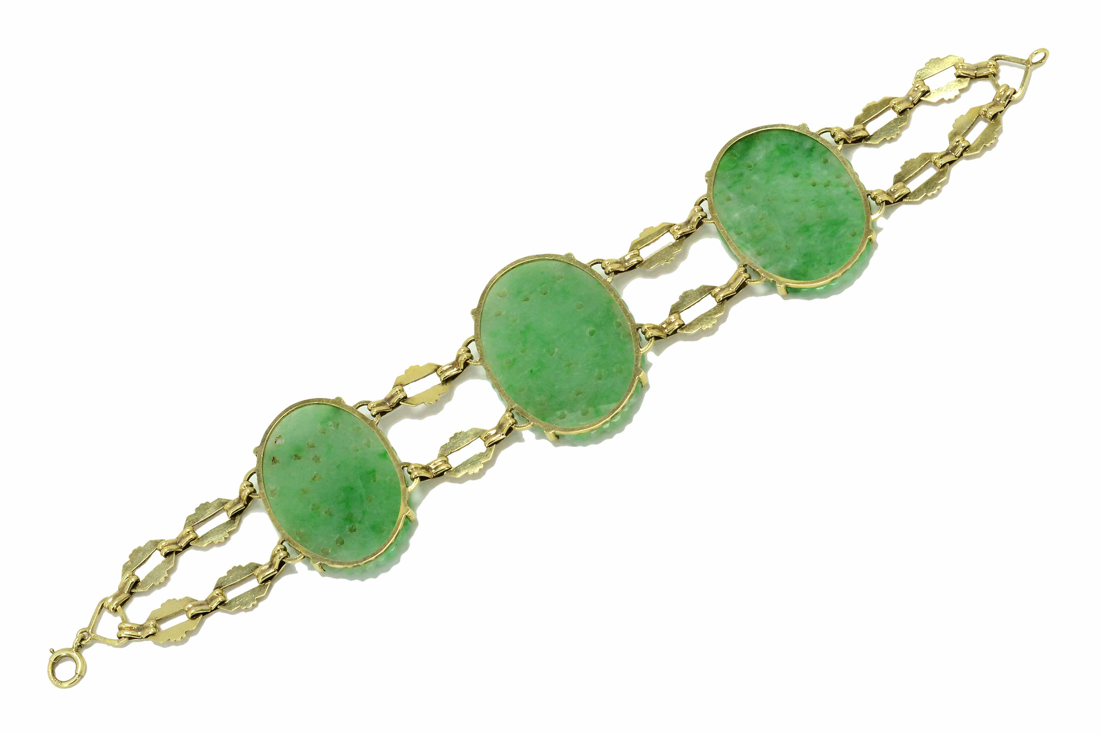 Oval jade, filigree gold link antique bracelet.