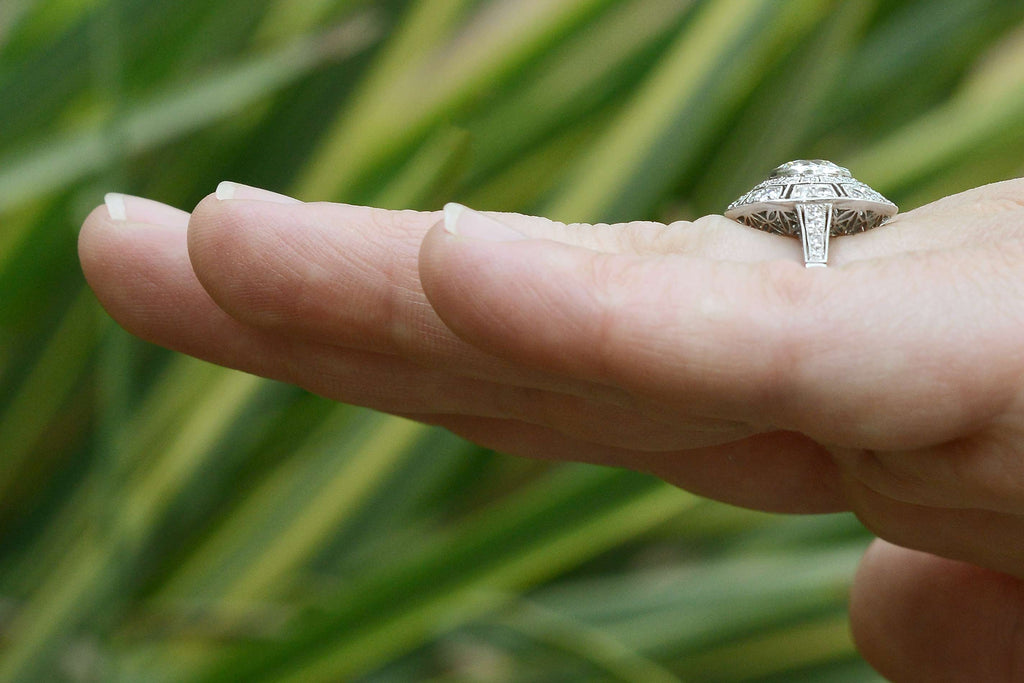New Art Deco platinum diamond cluster engagement ring.