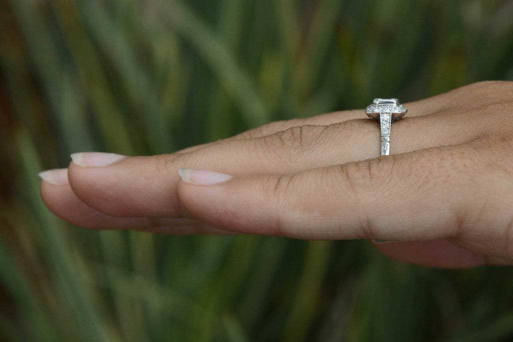 This bezel setting diamond wedding ring sits low on your hand.