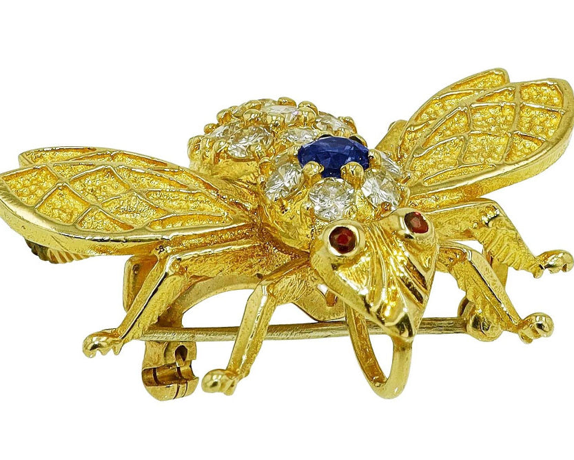 Mid-Century Diamond & Sapphire Bee Brooch Pendant