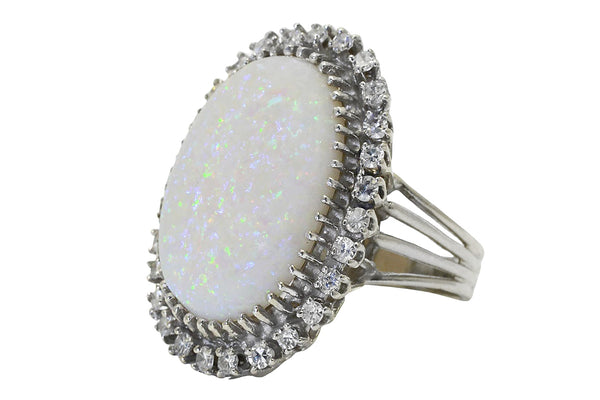 Huge Vintage Opal Diamond White Gold Cocktail Ring