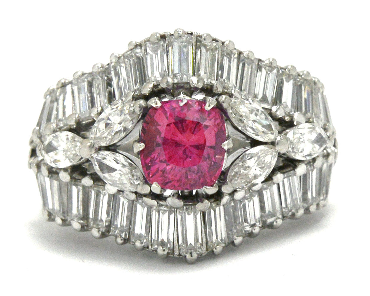 1 carat antique cushion pink sapphire and diamond, mid century statement ring.