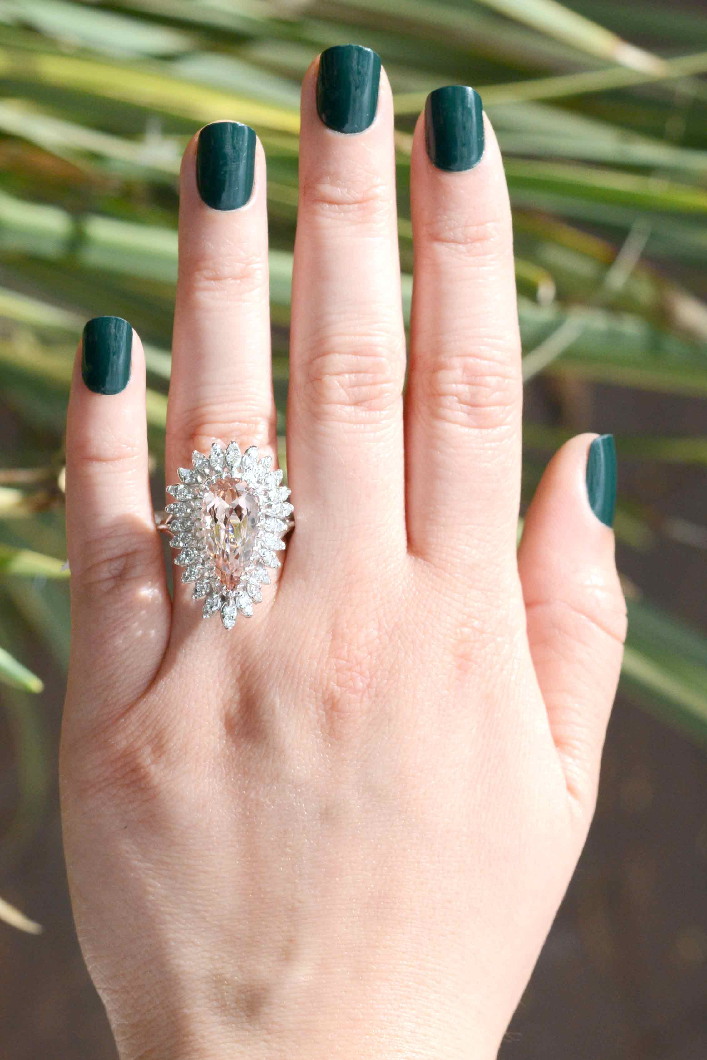 Hollywood glam at its best, this morganite ring is made from 14k white gold.
