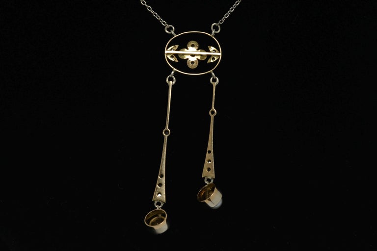 Antique Art Nouveau Natural Pearl & Diamond Drop Necklace