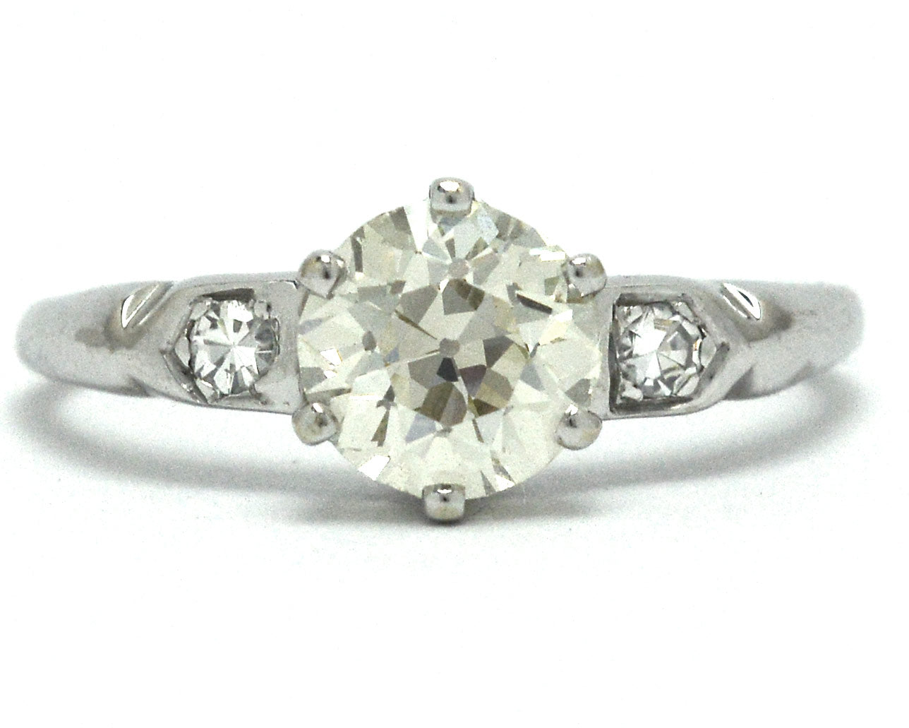 A one carat old European diamond is supported by 6 prongs in this white gold design.