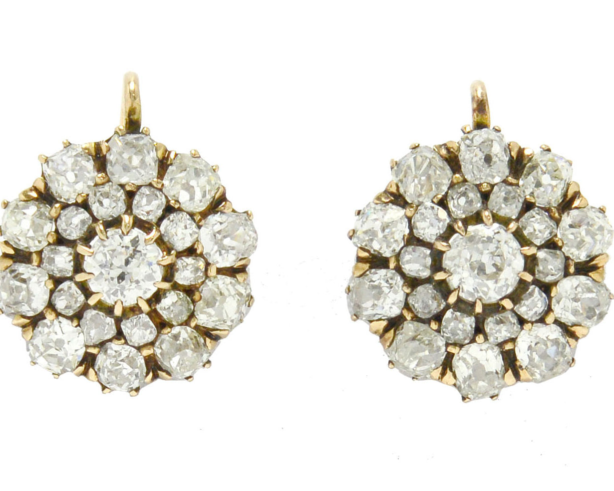 Late 1800s, antique Victorian diamond cluster earrings with lever back fastening.