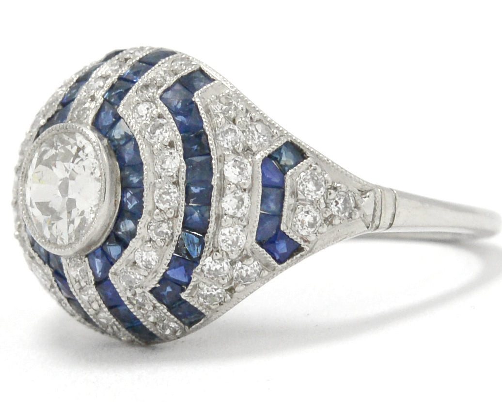 A unique Art Deco ring with blue sapphire and diamond stripes.