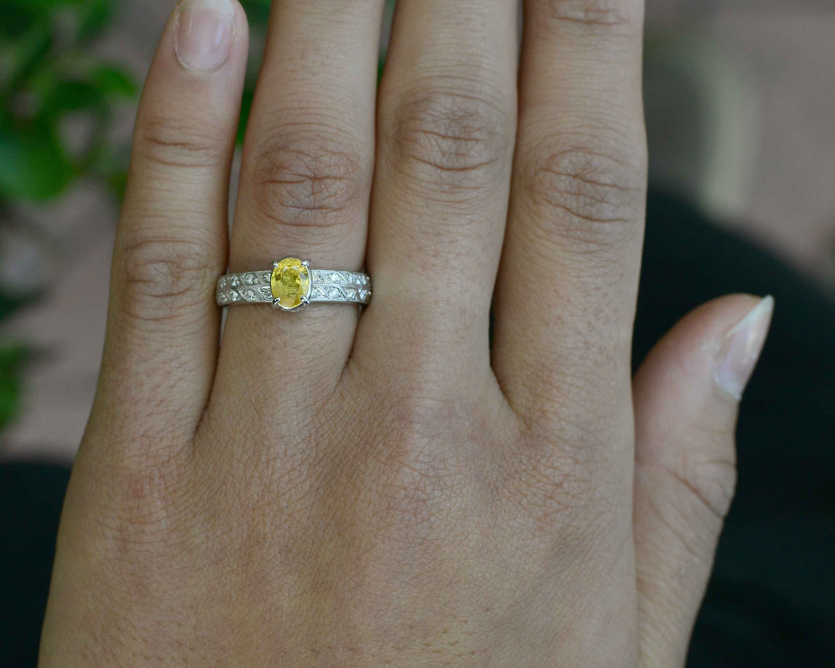 This diamonds band with a yellow sapphire could also be a stacking ring.