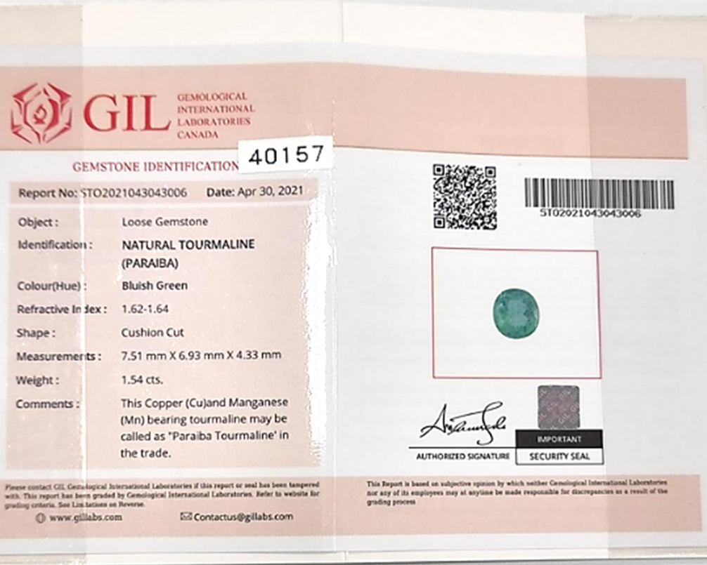 The GIL gemstone identification card states this gem as a natural paraiba tourmaline.