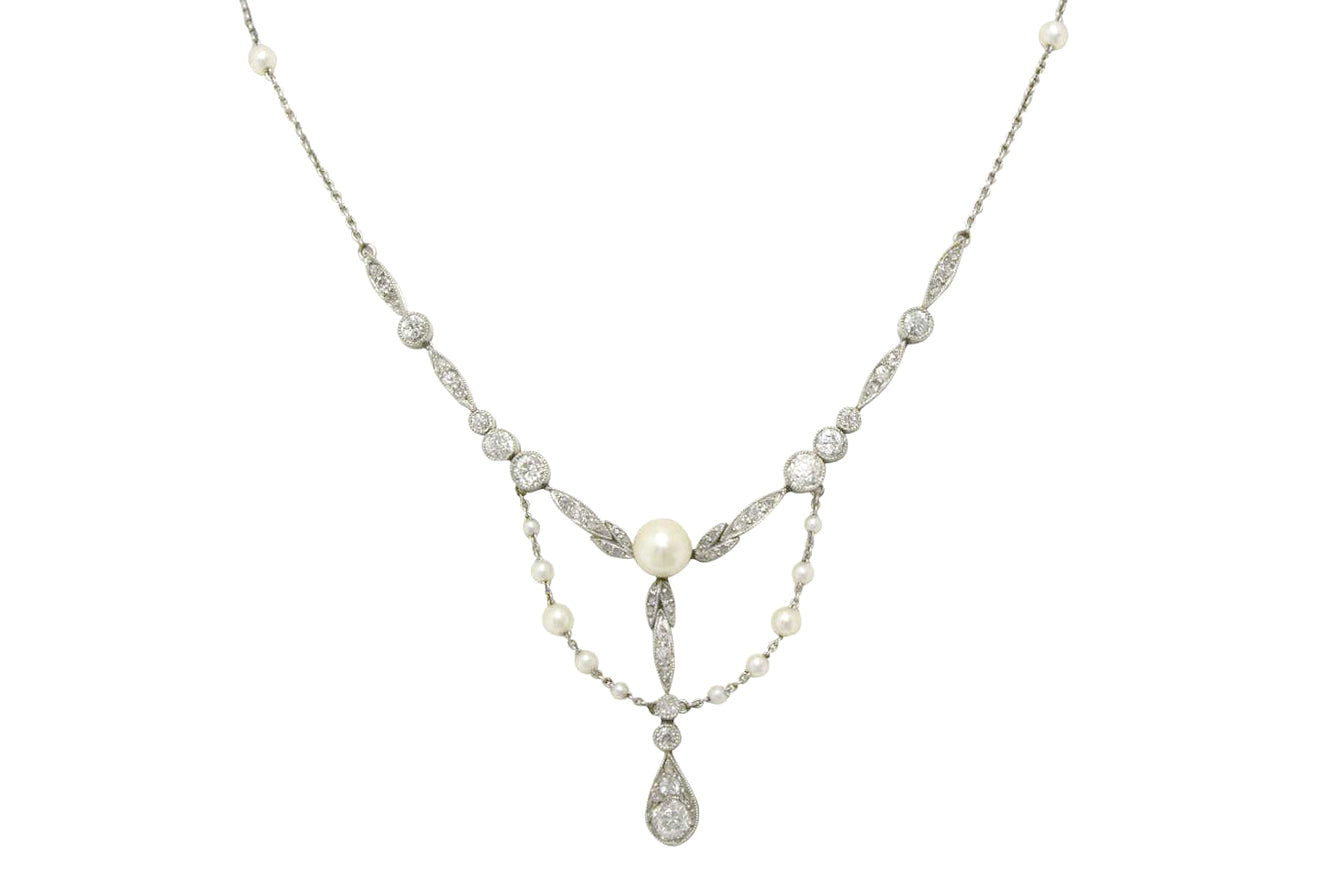 An authentic and feminine Art Nouveau natural pearl and diamond negligee necklace.