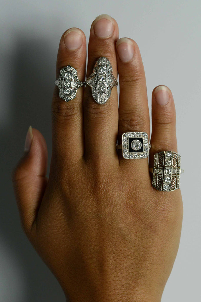 A collection of unique platinum diamond rings.