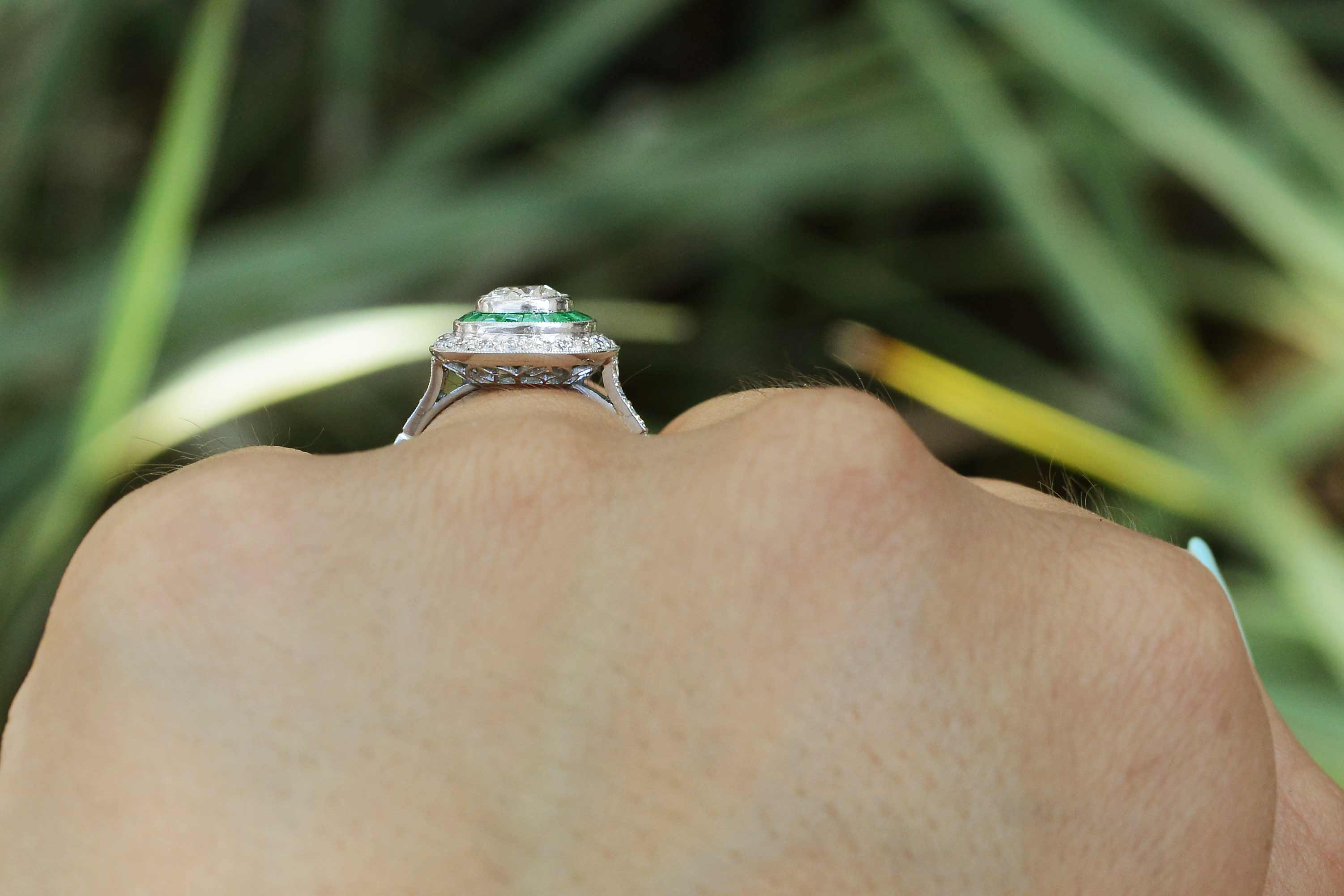 2.25 Carat Old Mine Cushion Diamond & Emerald Engagement Ring