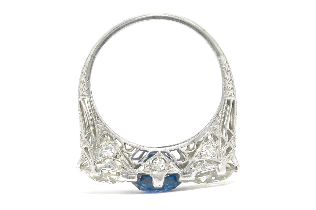 3 carat natural blue sapphire platinum filigree trinity ring.
