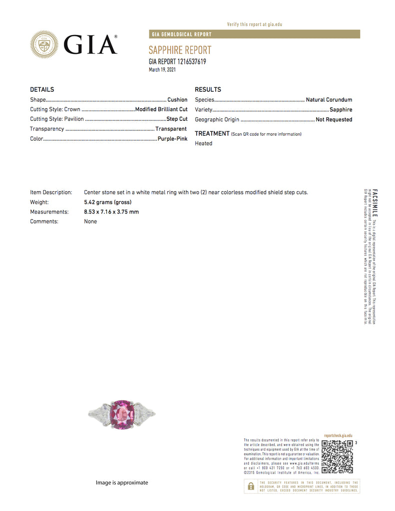 This pink sapphire is verified as a cushion cut gemstone in the GIA report.