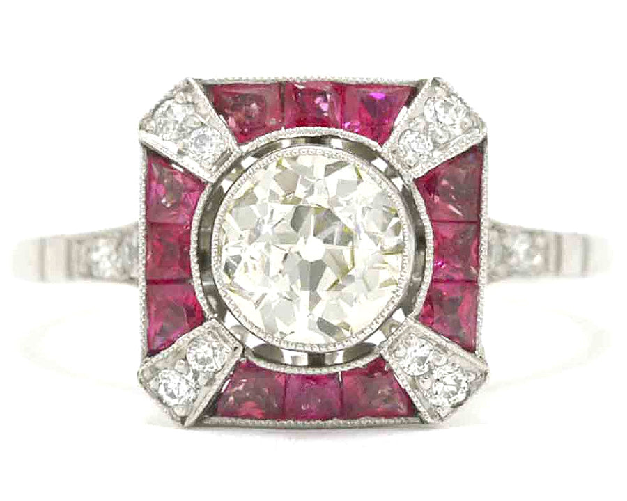 Square diamond Art Deco engagement ring design with rubies.
