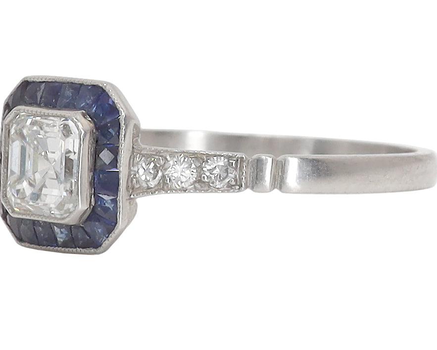 Asscher Cut Diamond and Sapphire Halo Engagement Ring