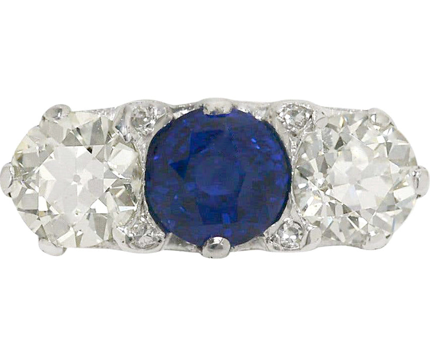 1920s antique blue sapphire diamond 3 stone engagement ring.