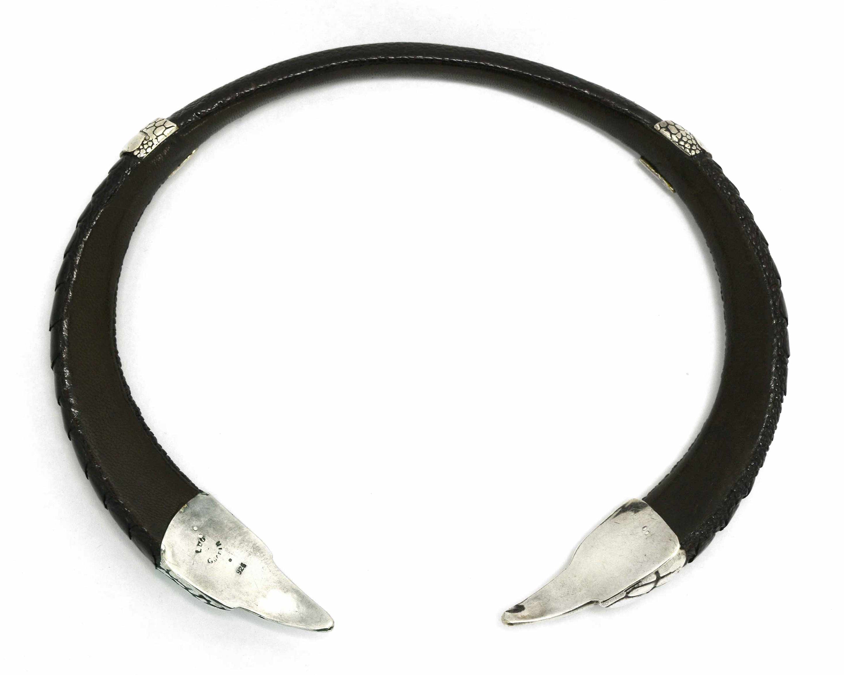 A new, handmade sterling silver and black leather statement necklace.