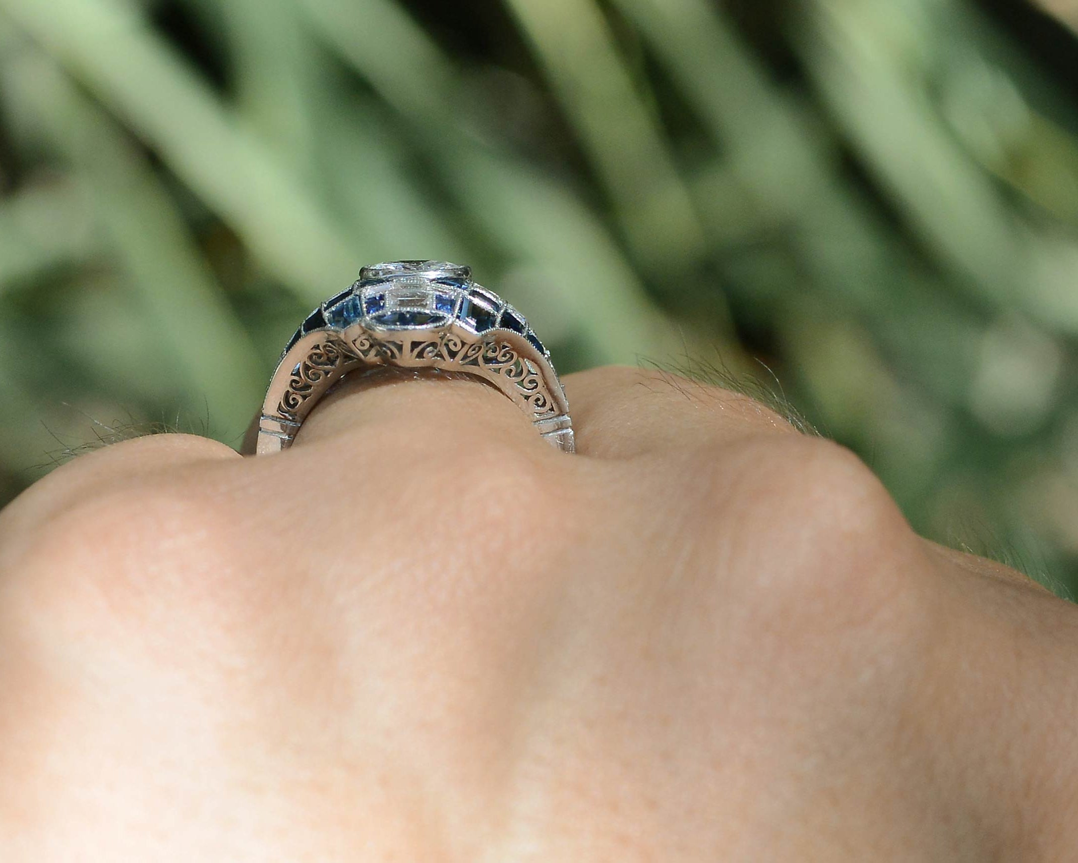 Art Deco Style Sapphire Diamond Dome Engagement Ring