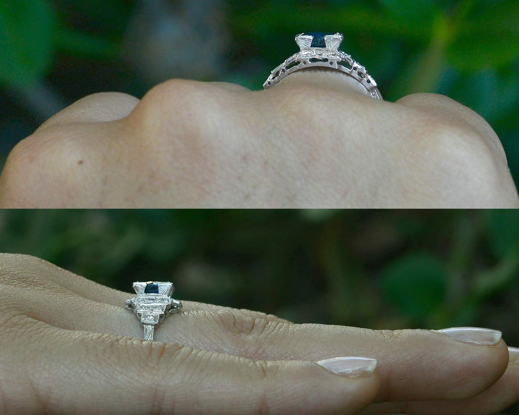 Low profile sapphire antique Art Deco engagement ring.