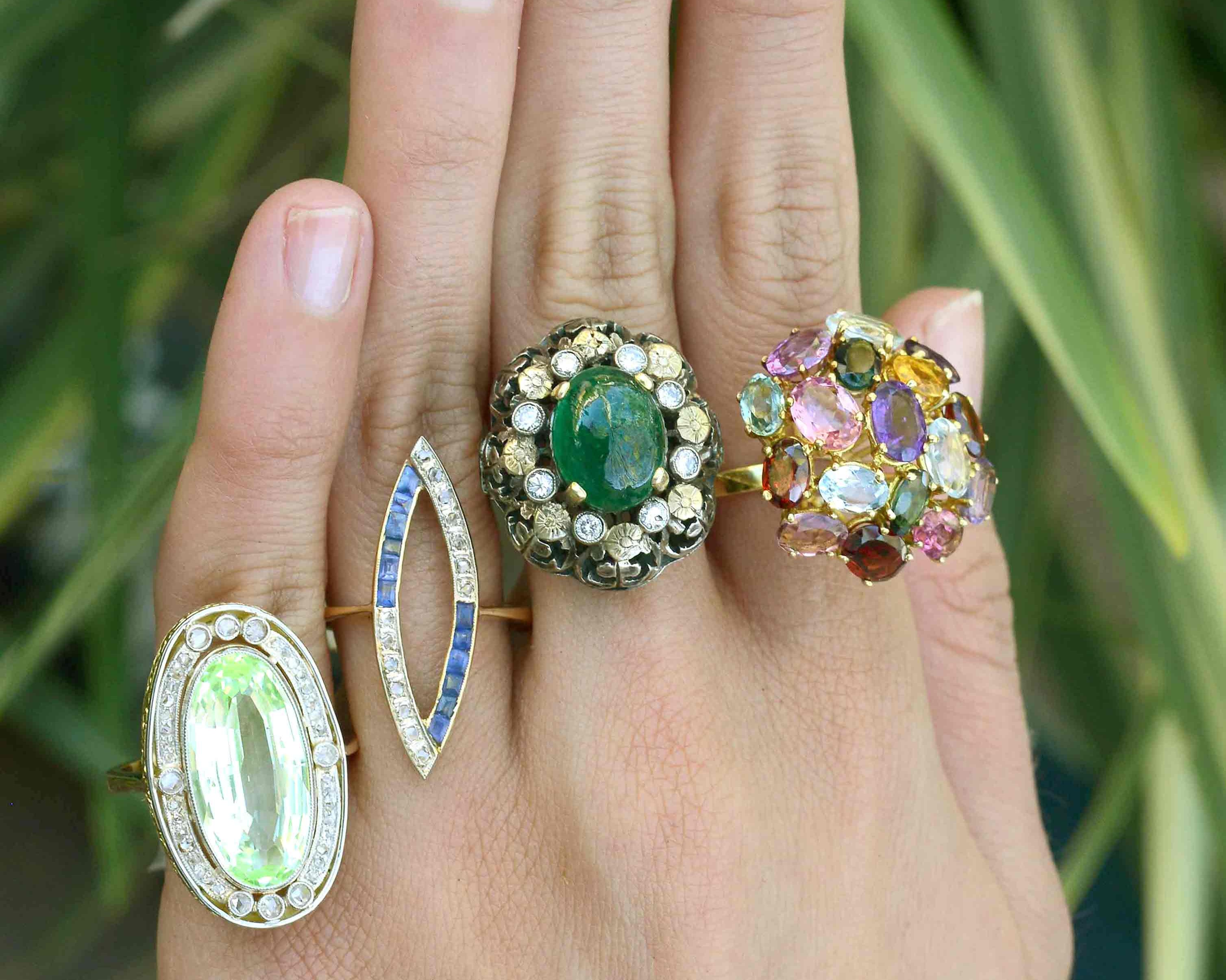 Unique gemstone and diamond cocktail rings.